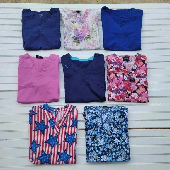Lot Of 8 Womens Scrub Uniform Tops Printed SB Cherokee Pink Blue Floral Blue S - Picture 1 of 10